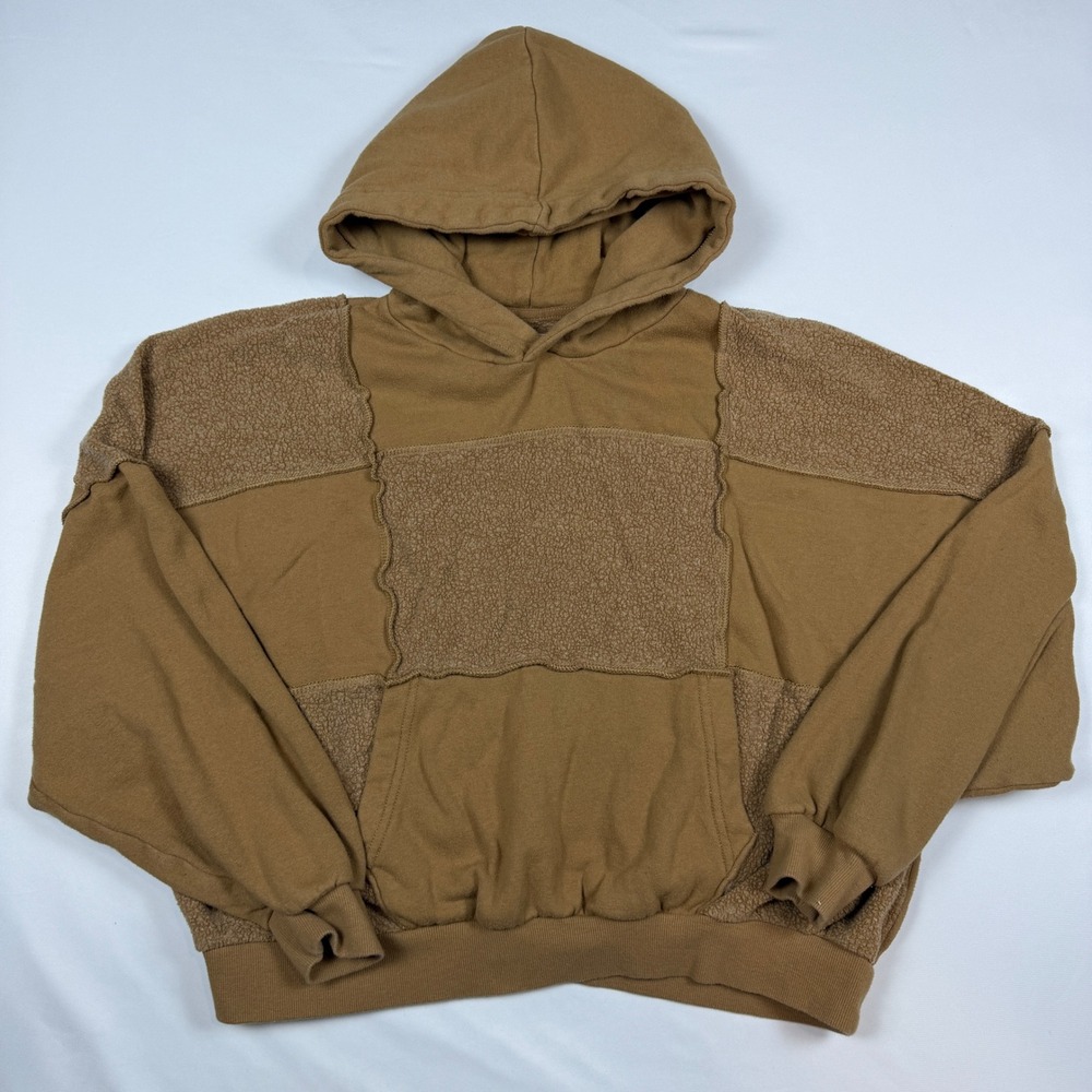 Aerie Patchwork Sherpa Hoodie Womens Small Camel Brown Oversized Mixed Media